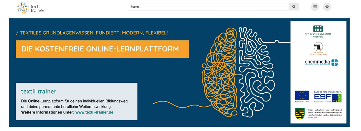 Bannner der Online-Lernplattform textil trainer mit einer grafischen Darstellung eines Gehirns und Logos der Förderer.