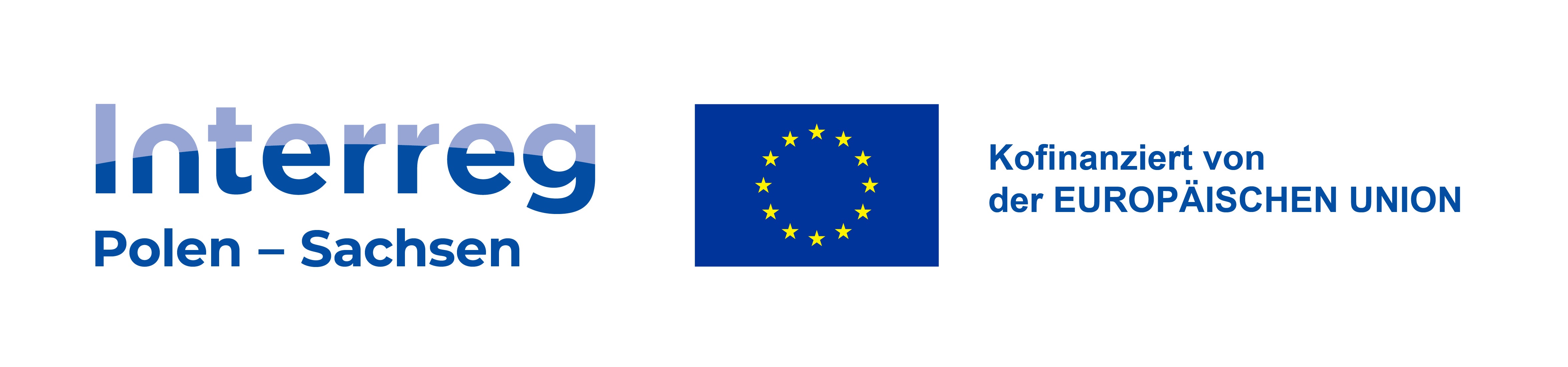 Logo des Programms Interreg Sachsen - Polen mit EU-Flagge und Text Kofinanziert von der Europäischen Union