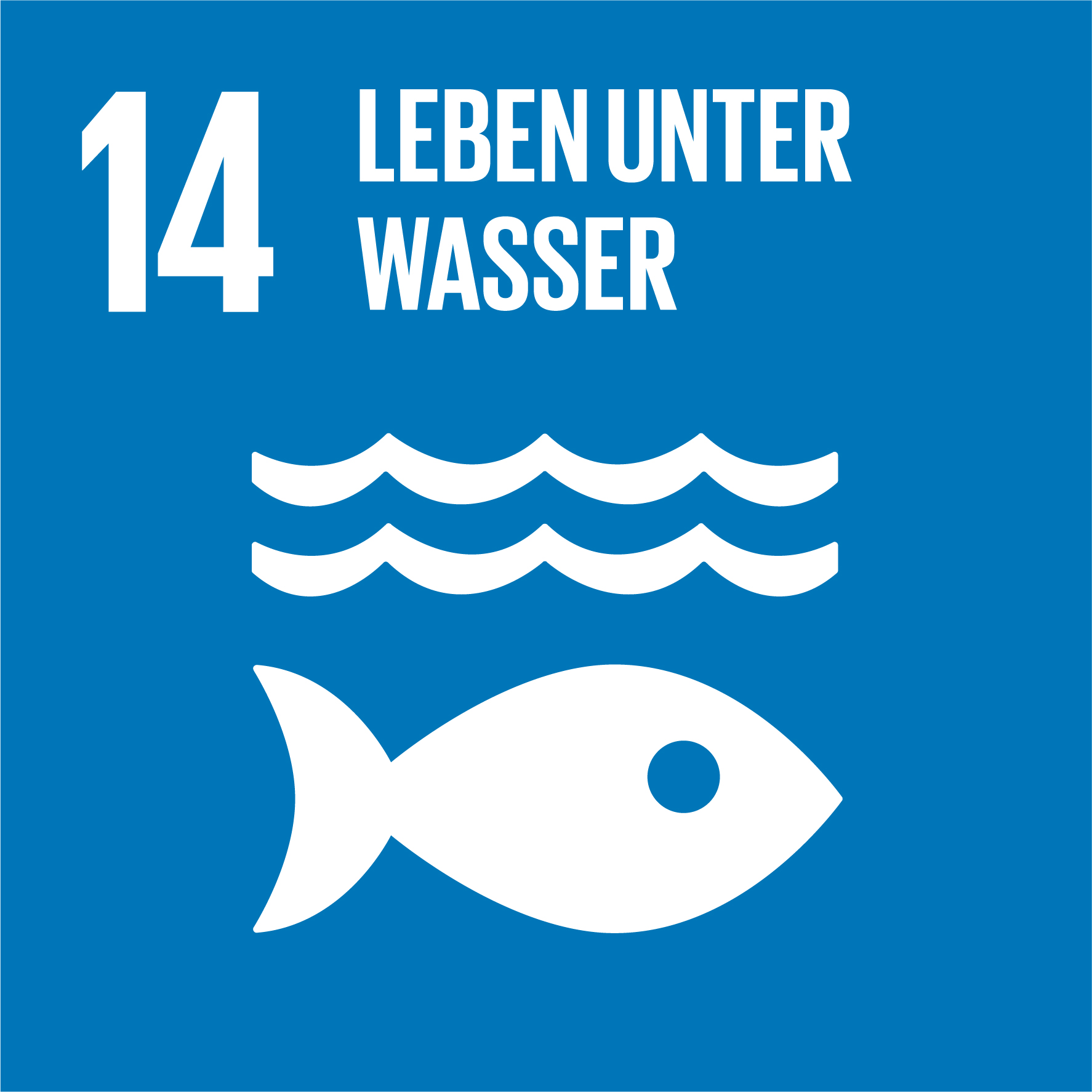 Externer Link zu Nachhaltigkeitsziel 14 der Vereinten Nationen: Leben unter Wasser. Blaues Quadrat mit Fisch- und Wellensymbol.